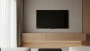 Floating wooden simple media wall design with a wall-mounted oak console and flush-fit TV for small living rooms.