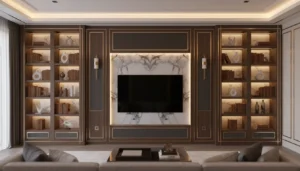Full-length luxury media wall with integrated shelving and future-proof design